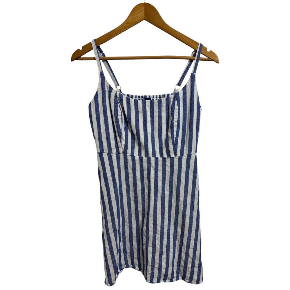 Old Navy Blue White Striped Linen Blend Mini Dress Petite S Sleeveless Pockets - Picture 2 of 10